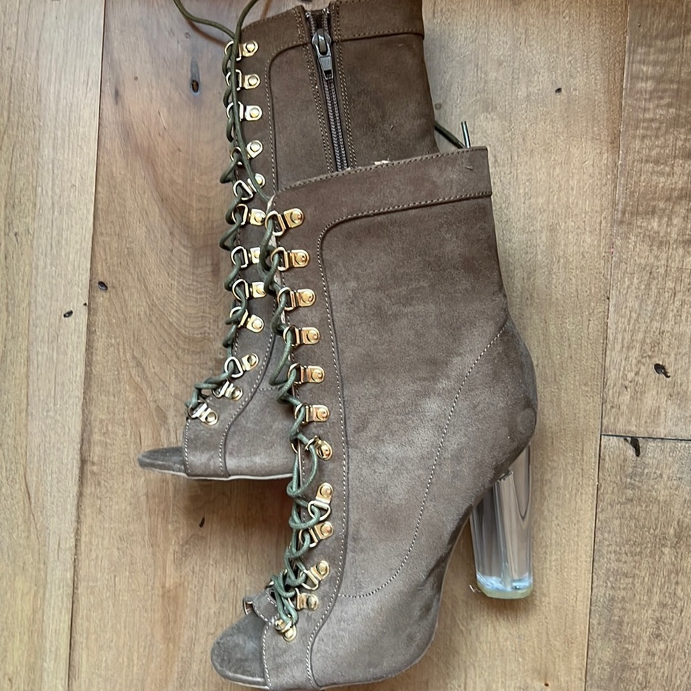 6.5 tan peep toe, lace up booties with clear heel and gold detail NWOT. - Picture 2 of 6